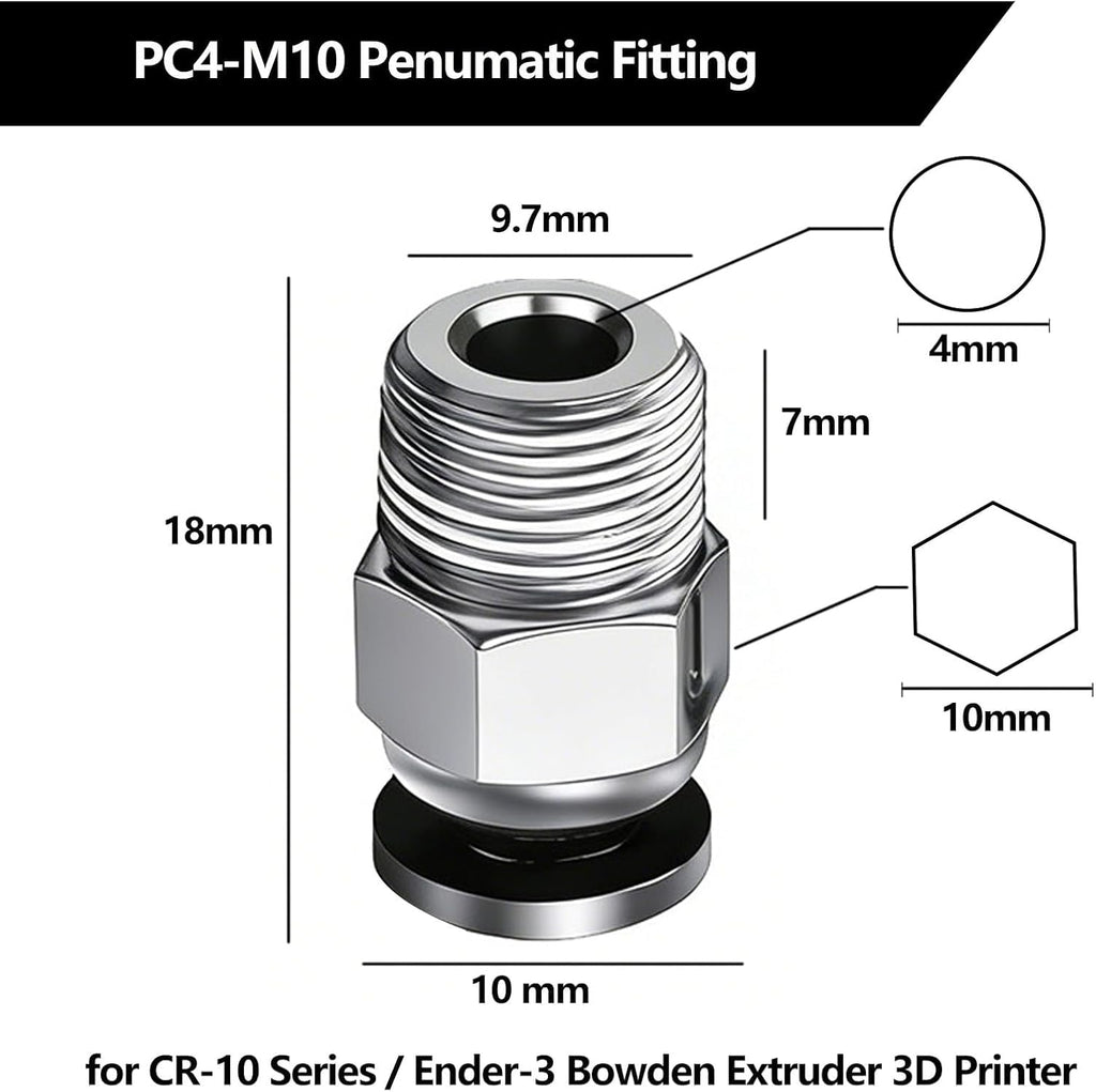 10PCS PC4-M10 Fittings for 4mm PTFE Bowden Tube, Push-to-Connect, Leak-Resistant and Durable, Compatible with Most FDM 3D Printers, V6 Type Extruders & RepRap Printers