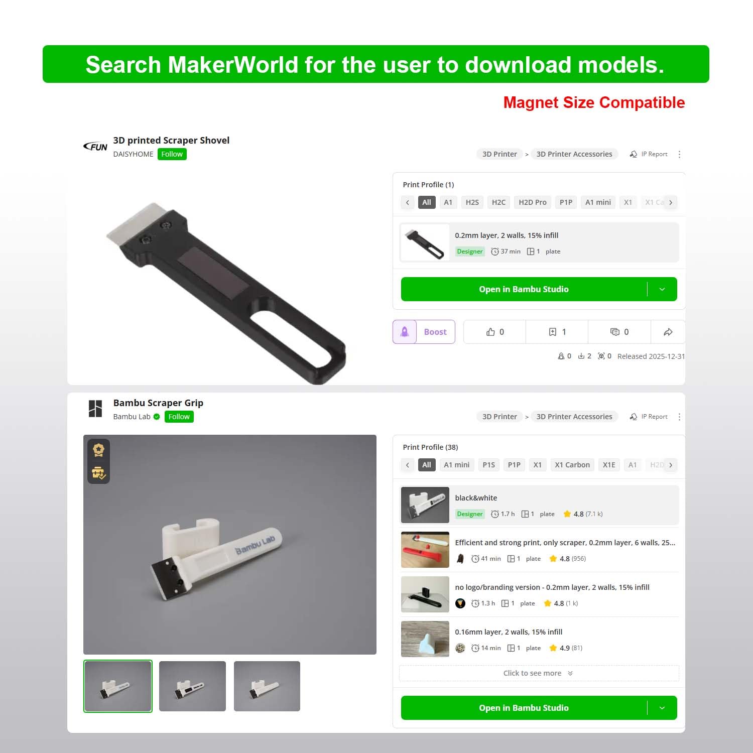 3 PCS Blades for Bambu Lab Scraper, DIY Blade Kit,3D Printer Tool SK5 Steel Scraper Tip Blade with Screws and Magnetic Stickers，Compatible with Bambu-Lab Spatula Blades