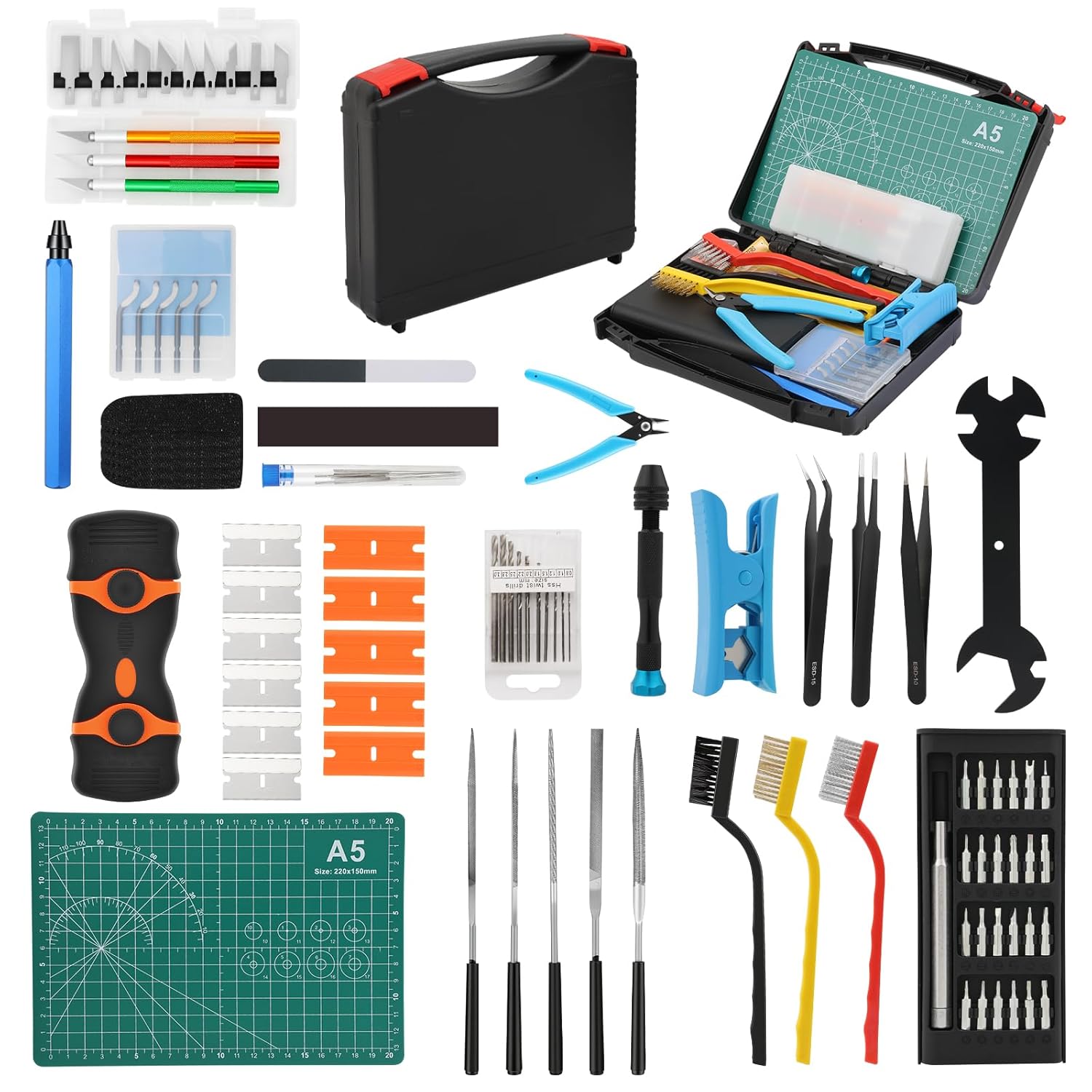 3D Printing Tool Kit, 3D Printer Tools for Cleaning, Deburring, Finishing & Post Processing, Includes Deburring Tool, Hand Drill, Nozzle Cleaning Needles, Metal Files, Cutting Mat, Wire Cutter