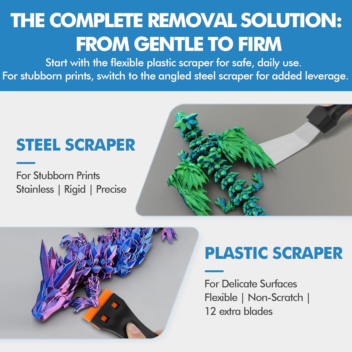14Pcs 3D Printer Scraper Tool, Angled Metal Scraper for Stubborn Prints & Plastic Scraper for Scratch Free Removal, Includes 12 Replacement Plastic Blades