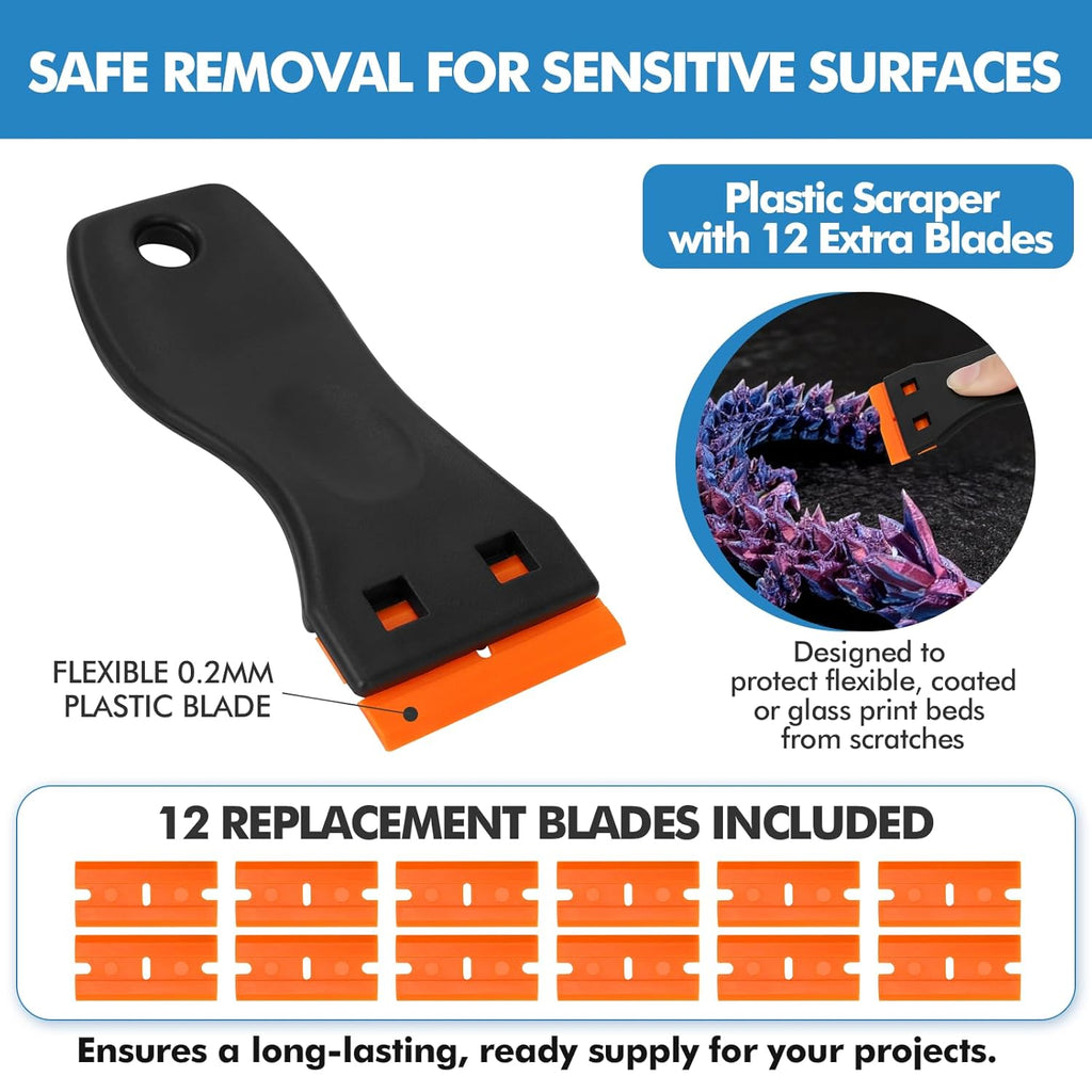 14Pcs 3D Printer Scraper Tool, Angled Metal Scraper for Stubborn Prints & Plastic Scraper for Scratch Free Removal, Includes 12 Replacement Plastic Blades