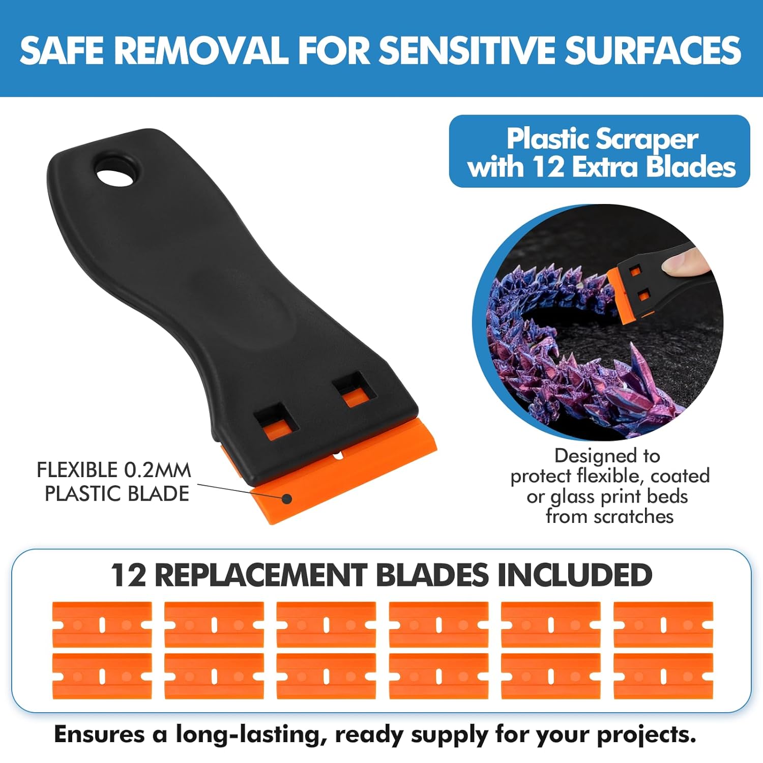 14Pcs 3D Printer Scraper Tool, Angled Metal Scraper for Stubborn Prints & Plastic Scraper for Scratch Free Removal, Includes 12 Replacement Plastic Blades