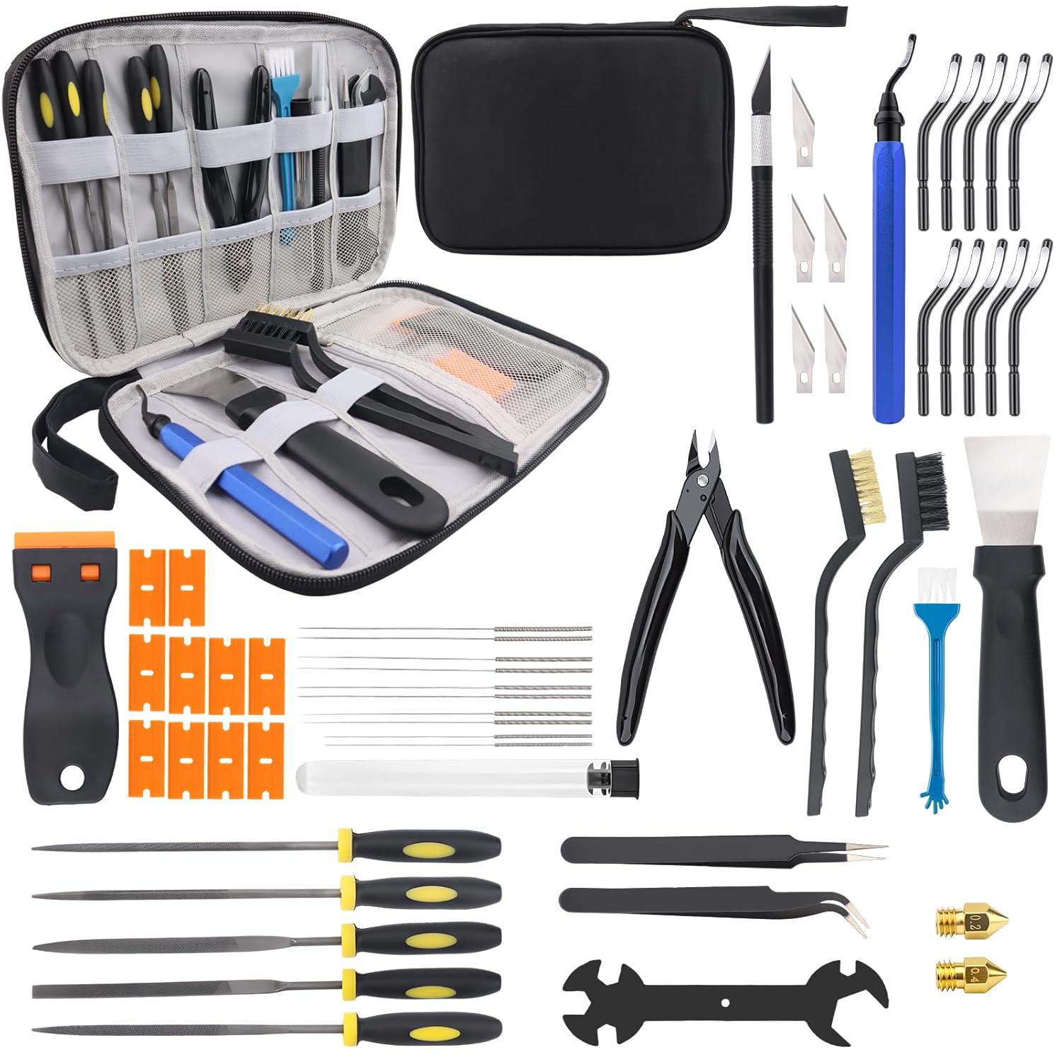 3D Printer Tools Kit, 55pcs 3D Printer Accessories for All FDM/SLA Printers Includes Nozzle Cleaning Tools, Removal Scrapers, Finishing Tools, 5 Types of Files,Brushes, Wire Cutter, Engraving Knife