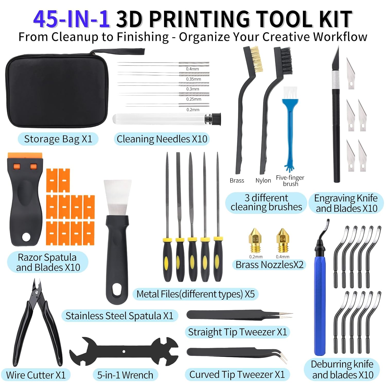 3D Printer Tools Kit, 55pcs 3D Printer Accessories for All FDM/SLA Printers Includes Nozzle Cleaning Tools, Removal Scrapers, Finishing Tools, 5 Types of Files,Brushes, Wire Cutter, Engraving Knife