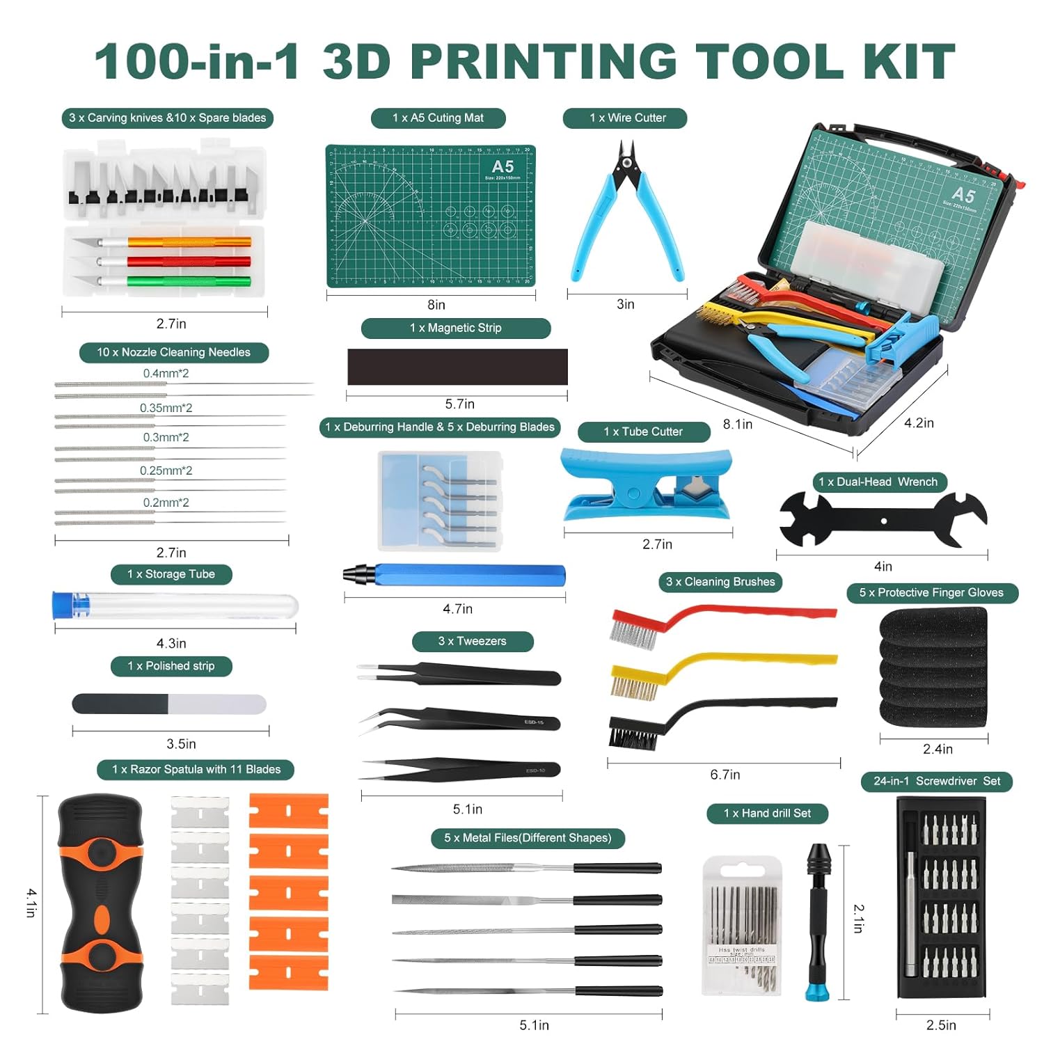 3D Printing Tool Kit, 3D Printer Tools for Cleaning, Deburring, Finishing & Post Processing, Includes Deburring Tool, Hand Drill, Nozzle Cleaning Needles, Metal Files, Cutting Mat, Wire Cutter