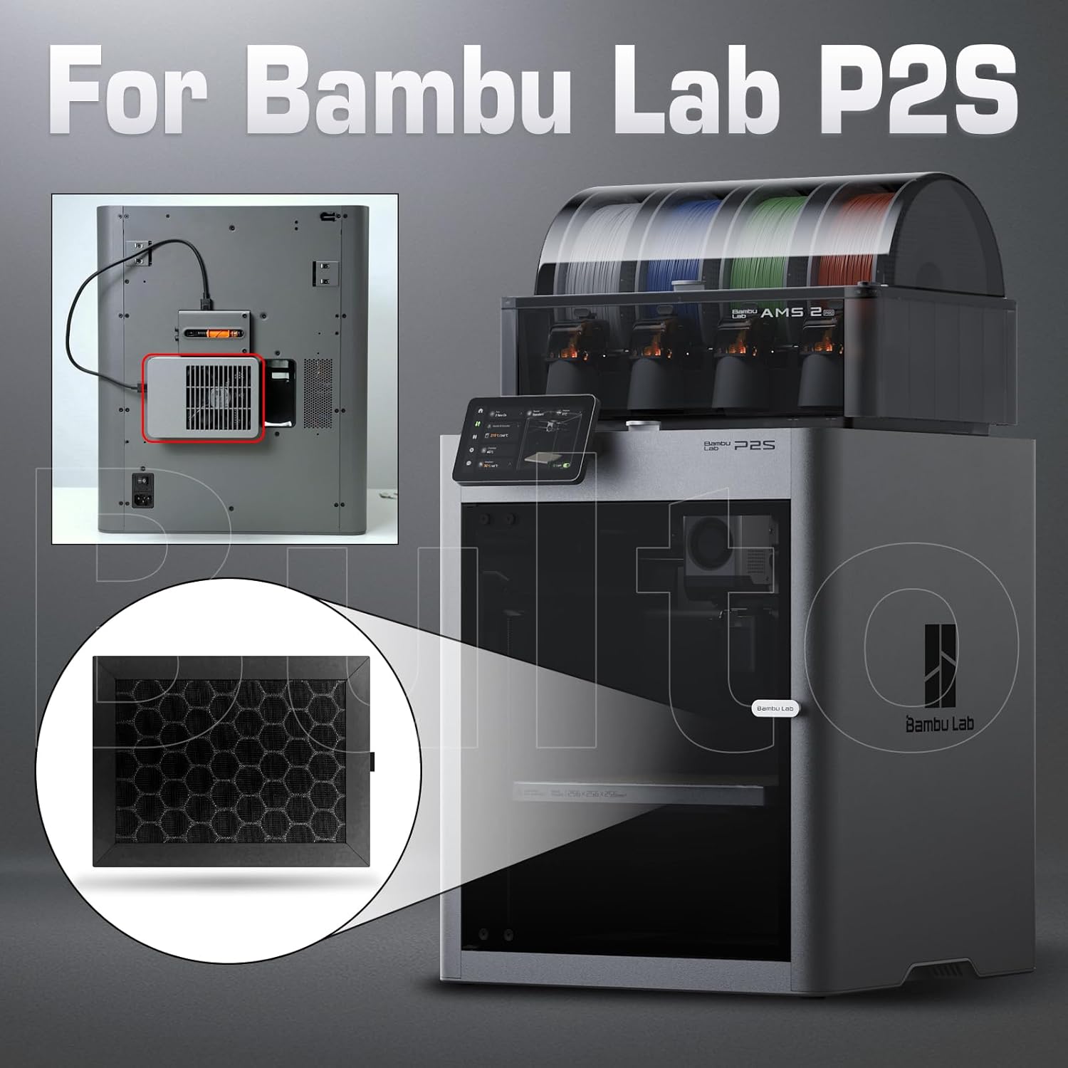 2Pcs HEPA 13 & Activated Carbon P2S Air Filter for Bambu Lab P2S External Exhaust Fan – 3D Printer P2S Filter Replacement, Dual-Layer Filtration for VOCs, UFP & Odor Control, Bamboo P2S Accessories