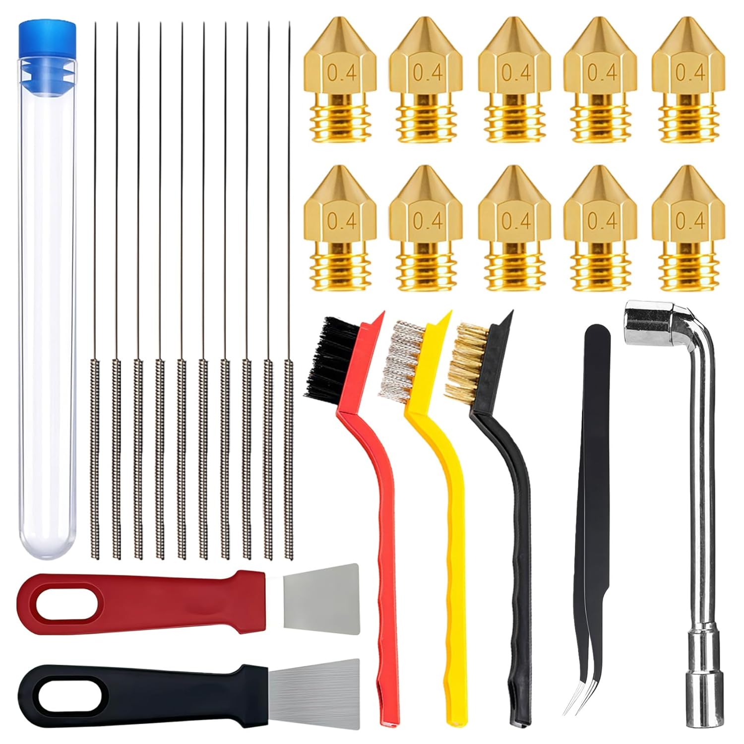 3D Printer Nozzle Cleaning Kit, 28Pcs 3D Printing Tool Kit Includes 10 Needle Cleaner Tools with Storage Box, 10 0.4mm Nozzles, 1 Tweezer, 3 Brushes, 1 L-Shaped Wrench, 2 Removal Scrapers
