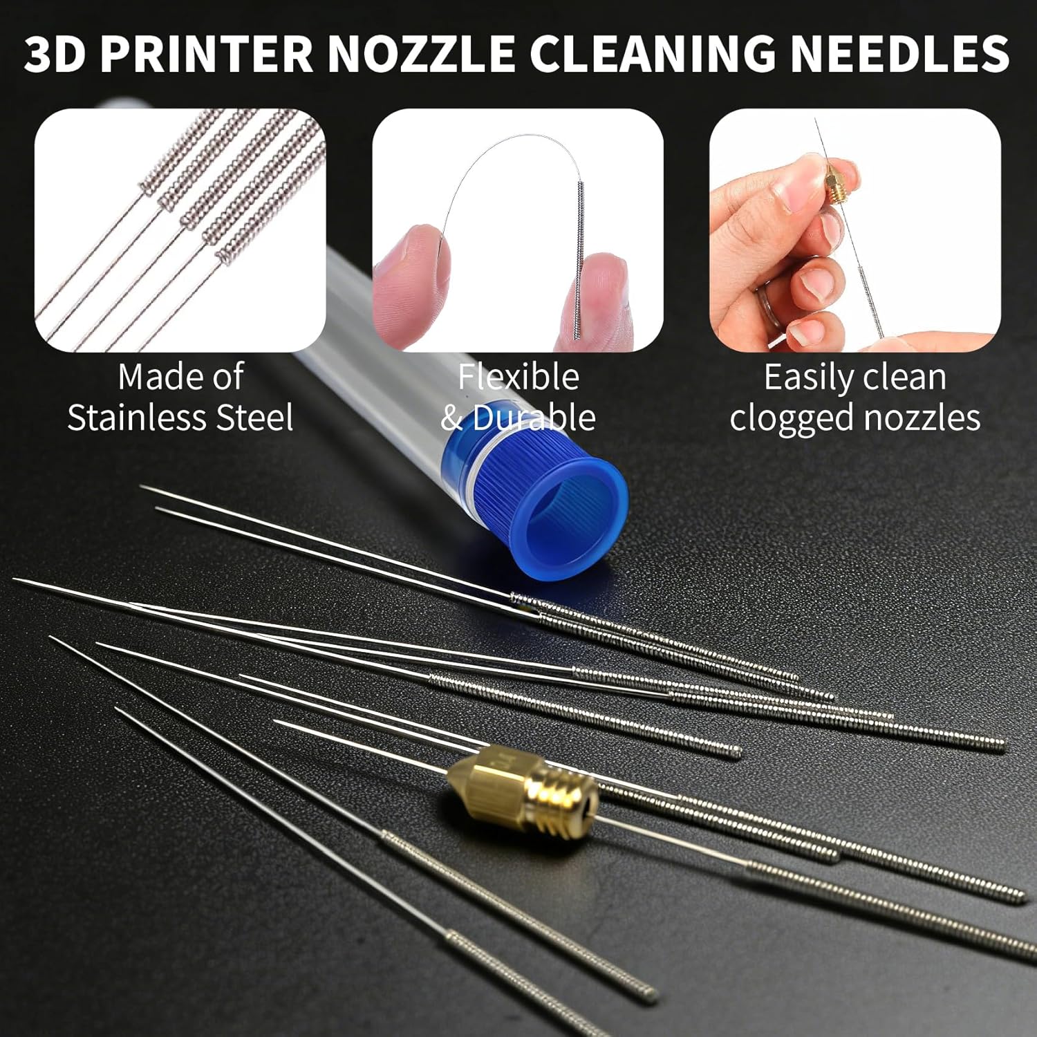 3D Printer Nozzle Cleaning Kit, 28Pcs 3D Printing Tool Kit Includes 10 Needle Cleaner Tools with Storage Box, 10 0.4mm Nozzles, 1 Tweezer, 3 Brushes, 1 L-Shaped Wrench, 2 Removal Scrapers